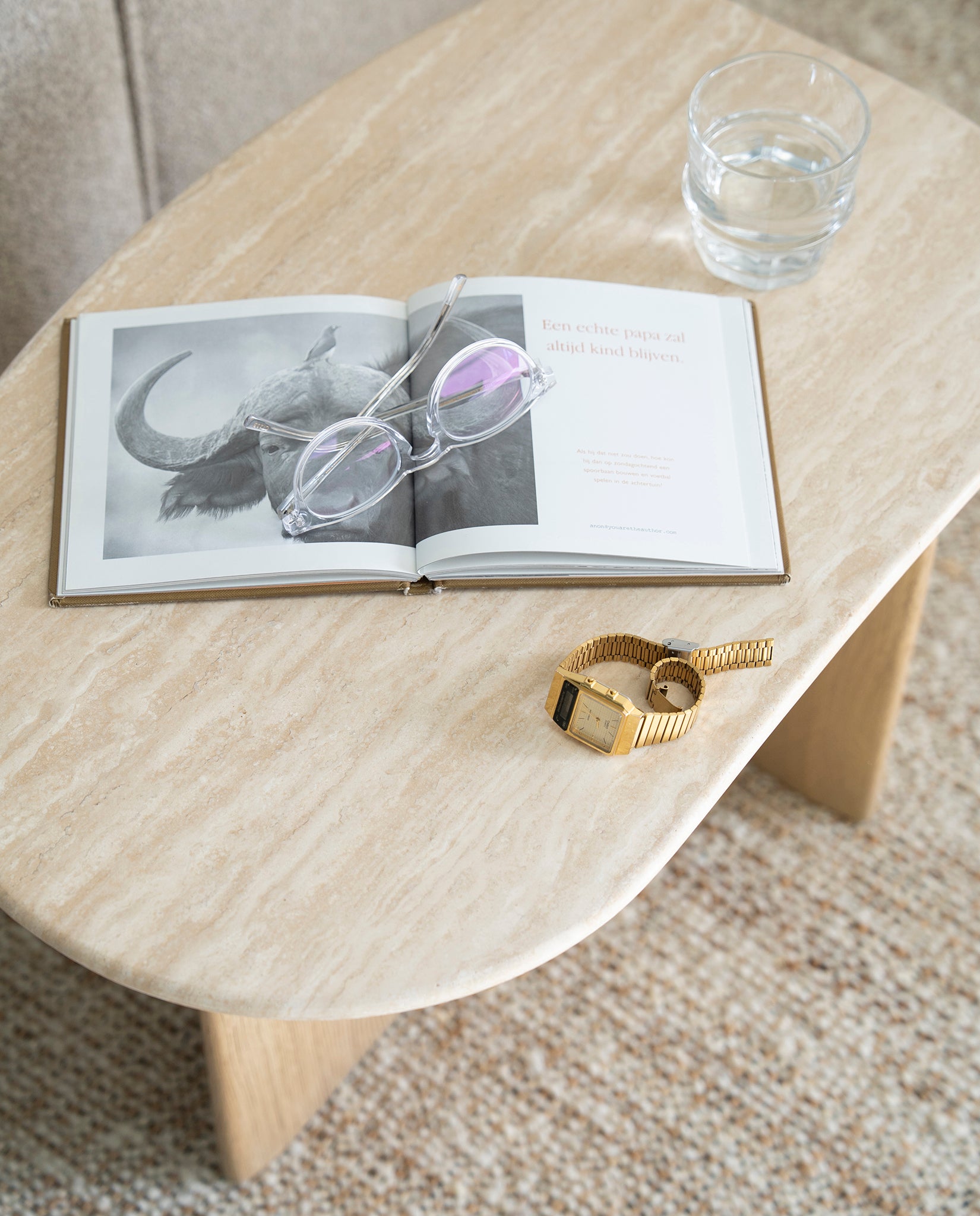 Lova Travertine/Oak Wood Side Table