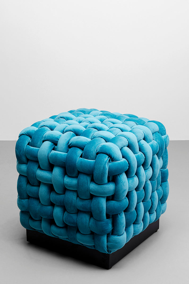 Weave Blue Velvet Square Stool