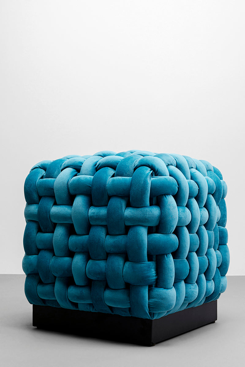 Weave Blue Velvet Square Stool
