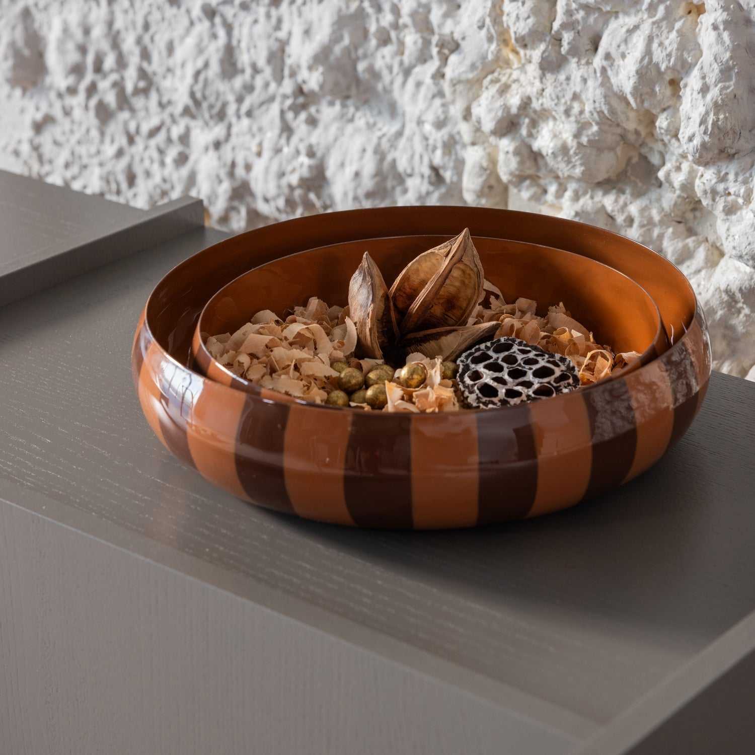 Orba Brown/Pink Stripes High Gloss Bowl (2/Set)