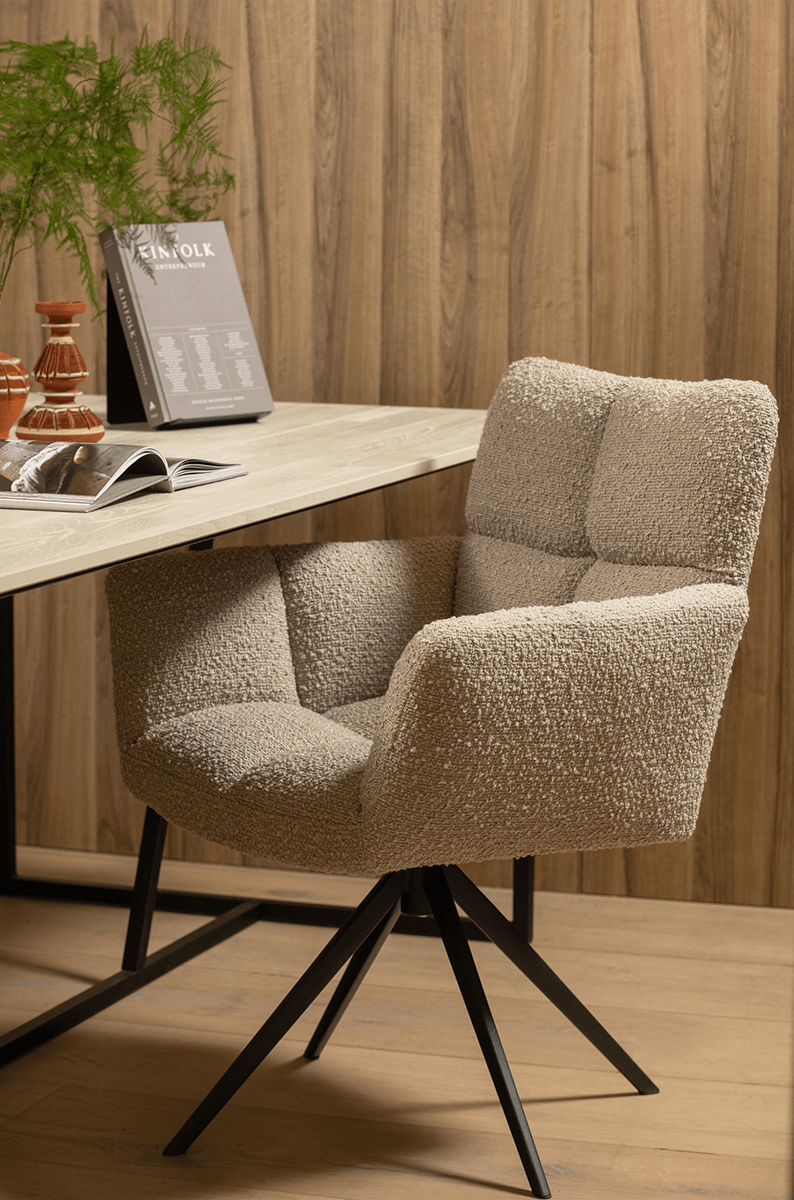 Vinny Sand Boucle Swivel Dining Chair with Armrest - WOO .Design