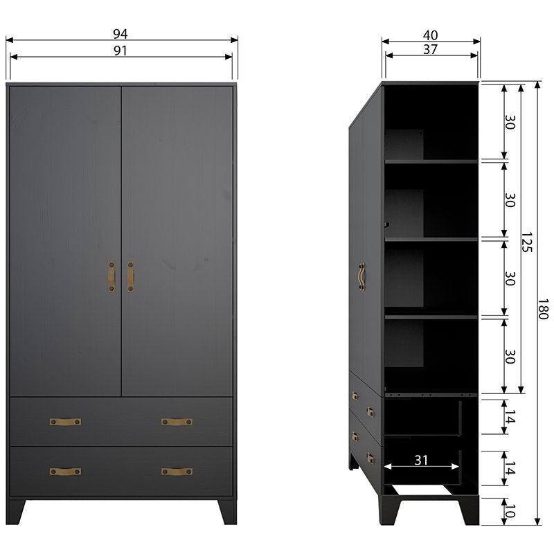 Dian Black Pine Wood Wardrobe Cabinet