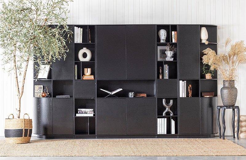 Finca Deep Black Pine Wood Round Storage Cabinet left 78 cm