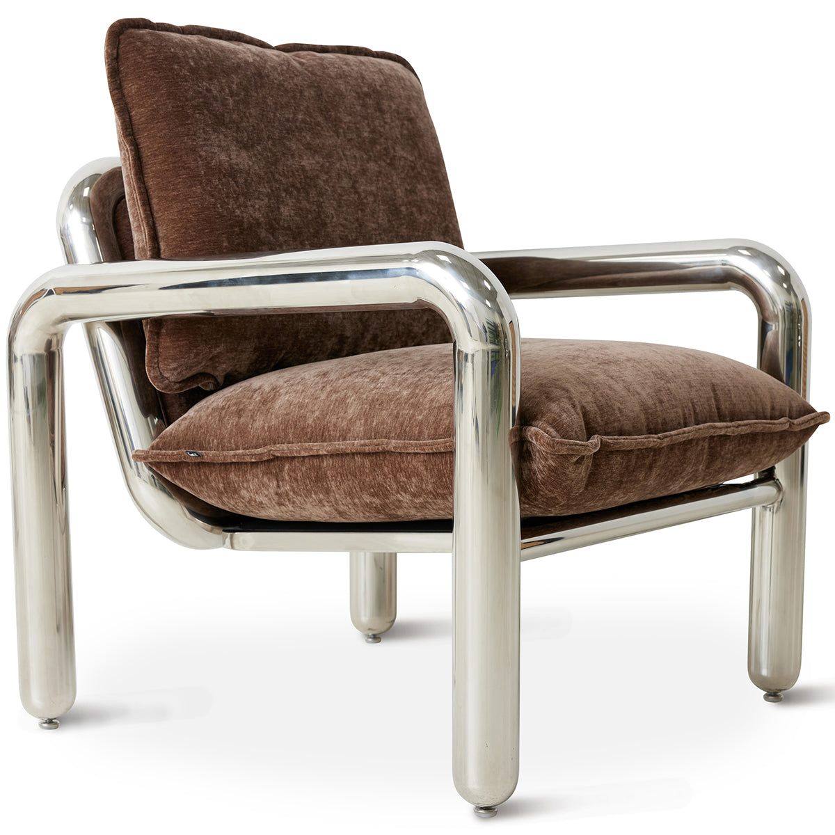 Chrome Brown Velvet Lounge Armchair