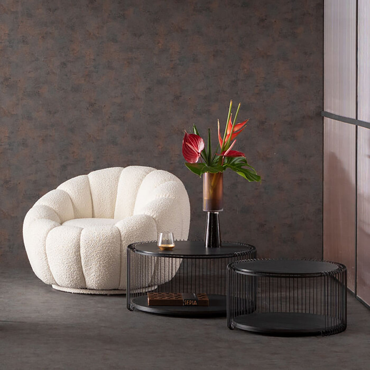 Peppo Bloom White Boucle Swivel Armchair