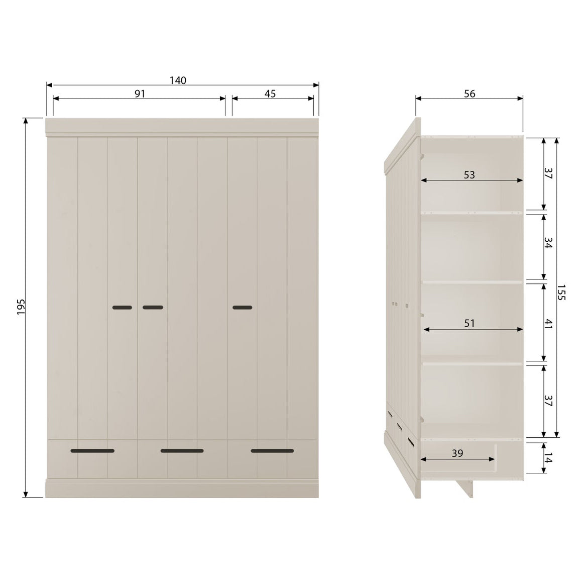 Connect Basic Pine Wood 3 Doors 3 Drawers Strip Doors Cabinet